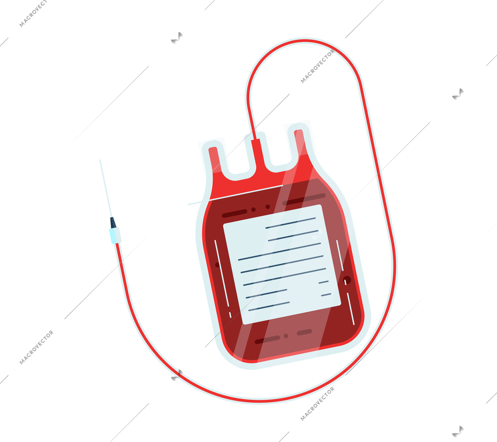 Blood donation flat composition with isolated image of medical blood container with tube and needle vector illustration