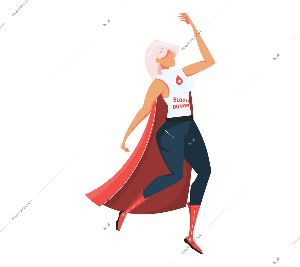 Blood donation flat composition with female character of donor woman wearing superhero suit vector illustration