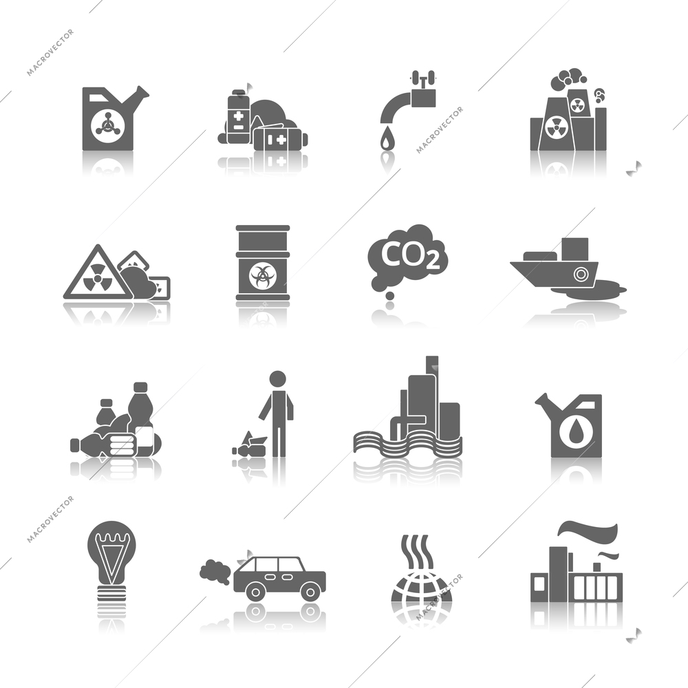 Thermal air and water toxic chemicals power plants hazardous pollution black abstract icons set isolated vector illustration