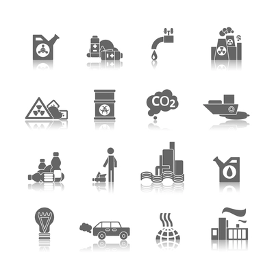 Thermal air and water toxic chemicals power plants hazardous pollution black abstract icons set isolated vector illustration