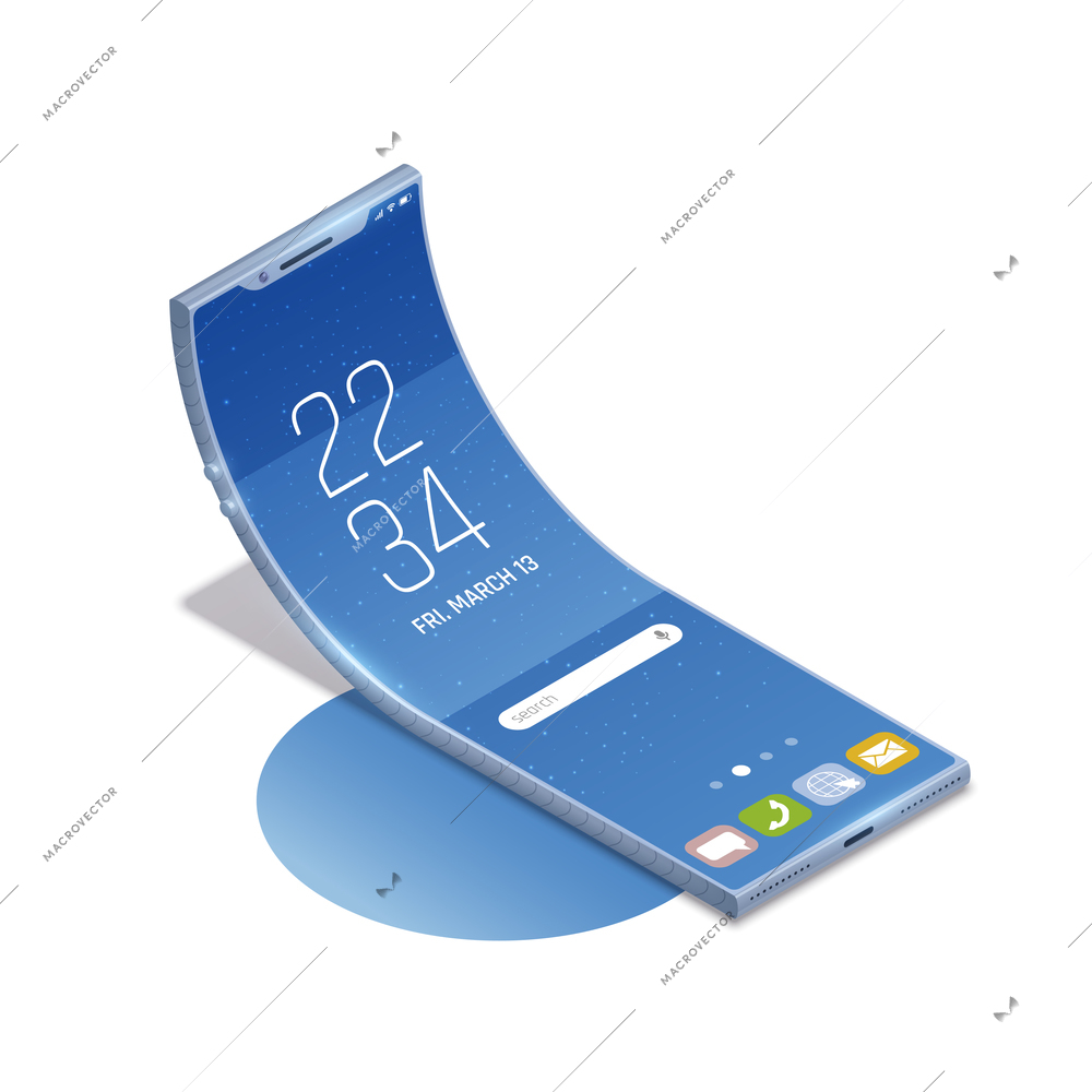 Foldable gadgets concepts isometric composition with extra long smartphone model with home screen icons vector illustration