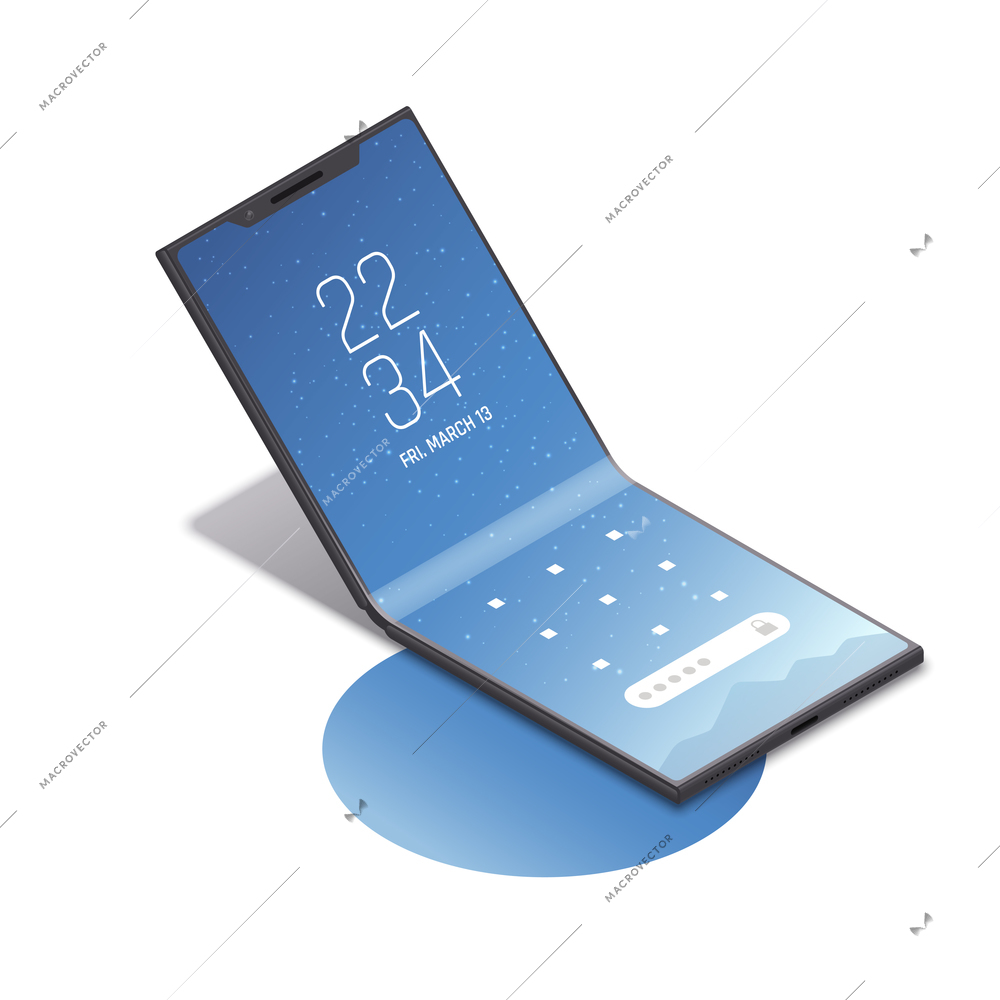 Foldable gadgets concepts isometric composition with clam shell type smartphone with long screen vector illustration