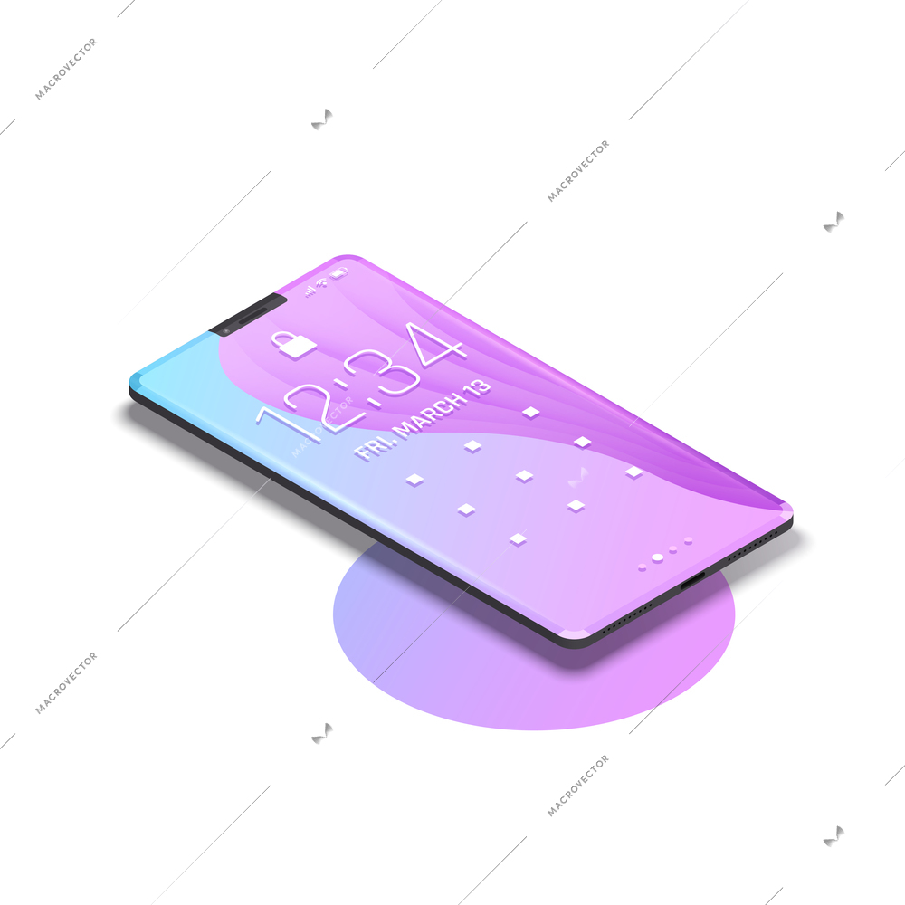 Foldable gadgets concepts isometric composition with edge to edge smartphone with home screen and wireless charging circle vector illustration
