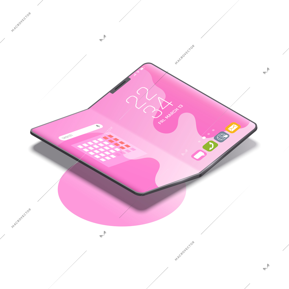 Foldable gadgets concepts isometric composition with opening smartphone with huge two section screen vector illustration