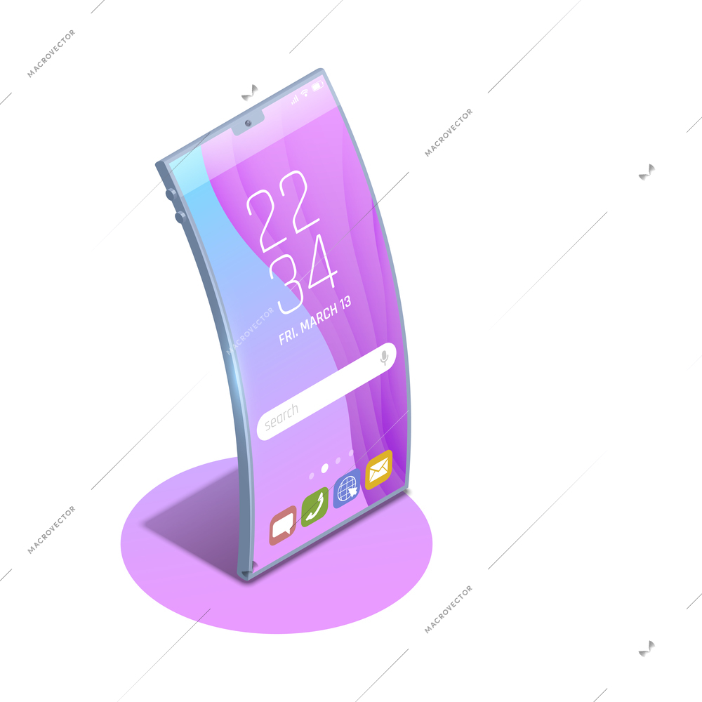 Foldable gadgets concepts isometric composition with image of standing phone with wrapping screen with shadows vector illustration