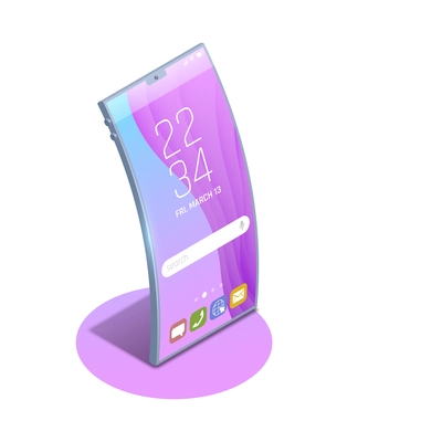 Foldable gadgets concepts isometric composition with image of standing phone with wrapping screen with shadows vector illustration