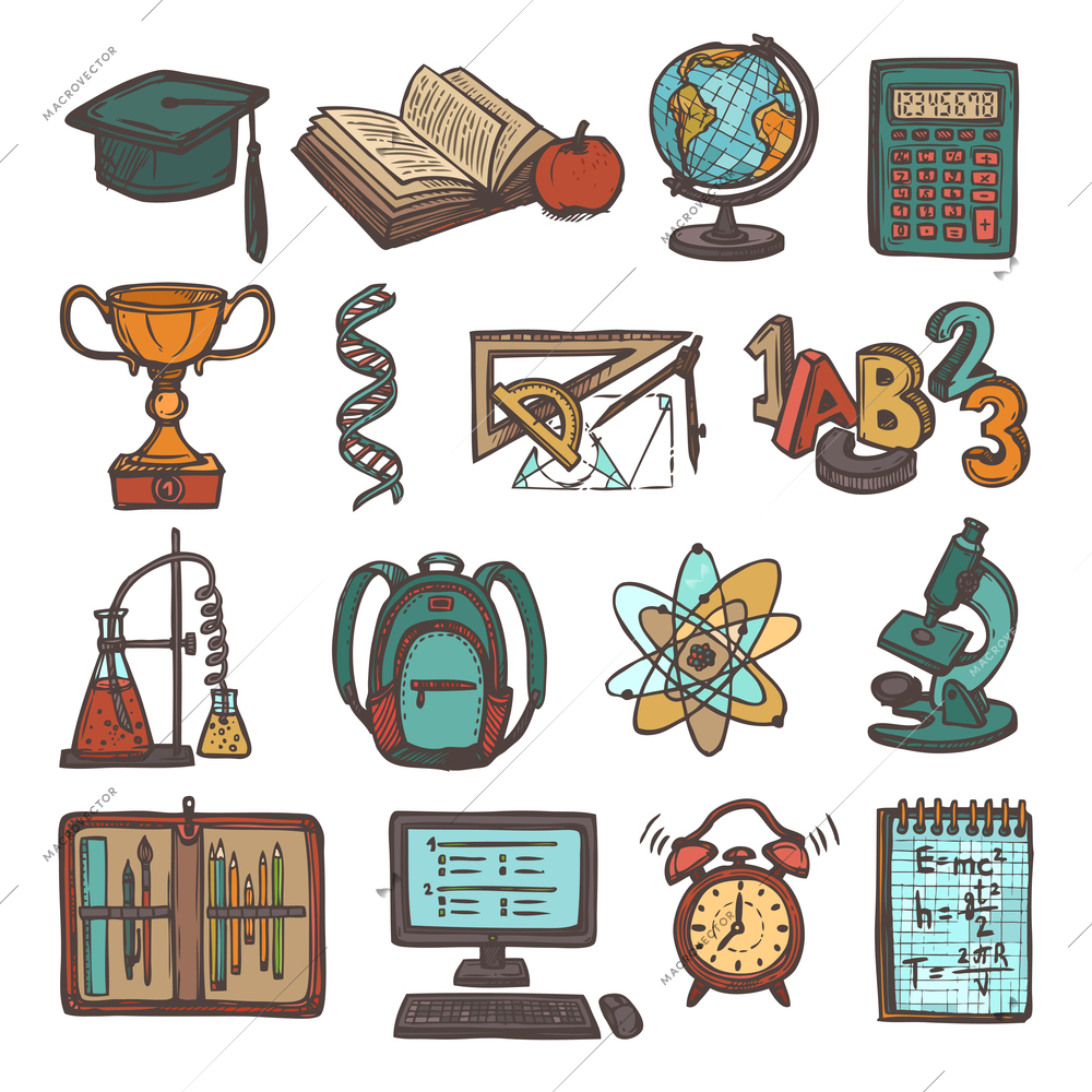 Retro school education colored sketch icons set of graduation hat book calculator isolated vector illustration