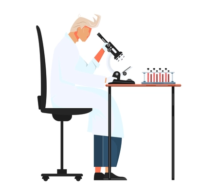 Blood donation flat composition with sitting character of scientist working with microscope and test tubes vector illustration