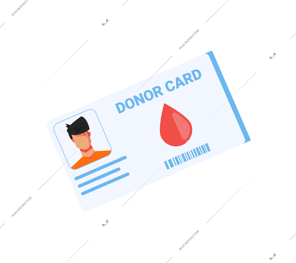 Blood donation flat composition with image of donor id card with barcode and profile picture vector illustration