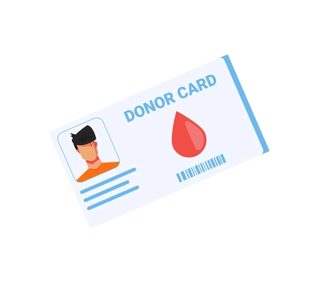 Blood donation flat composition with image of donor id card with barcode and profile picture vector illustration