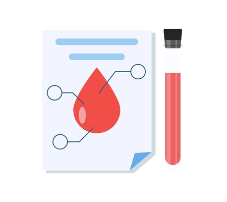 Blood donation flat composition with document sheet and blood drop with captions and test tube vector illustration