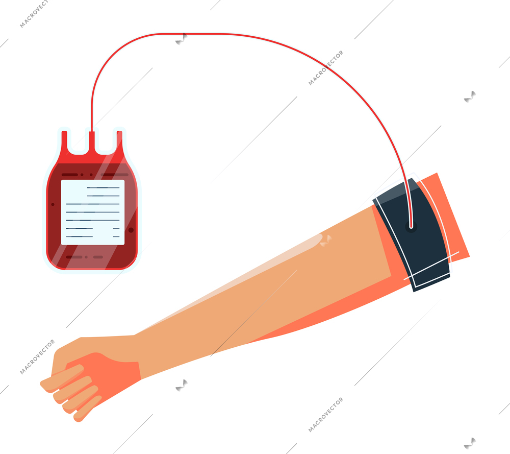 Blood donation flat composition with isolated images of human hand with blood dropping tube inserted vector illustration