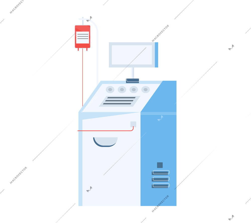 Blood donation flat composition with image of medical apparatus with blood container on blank background vector illustration