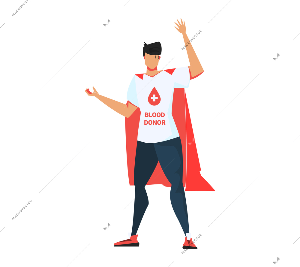 Blood donation flat composition with faceless male character in superman suit with blood donor t-shirt vector illustration