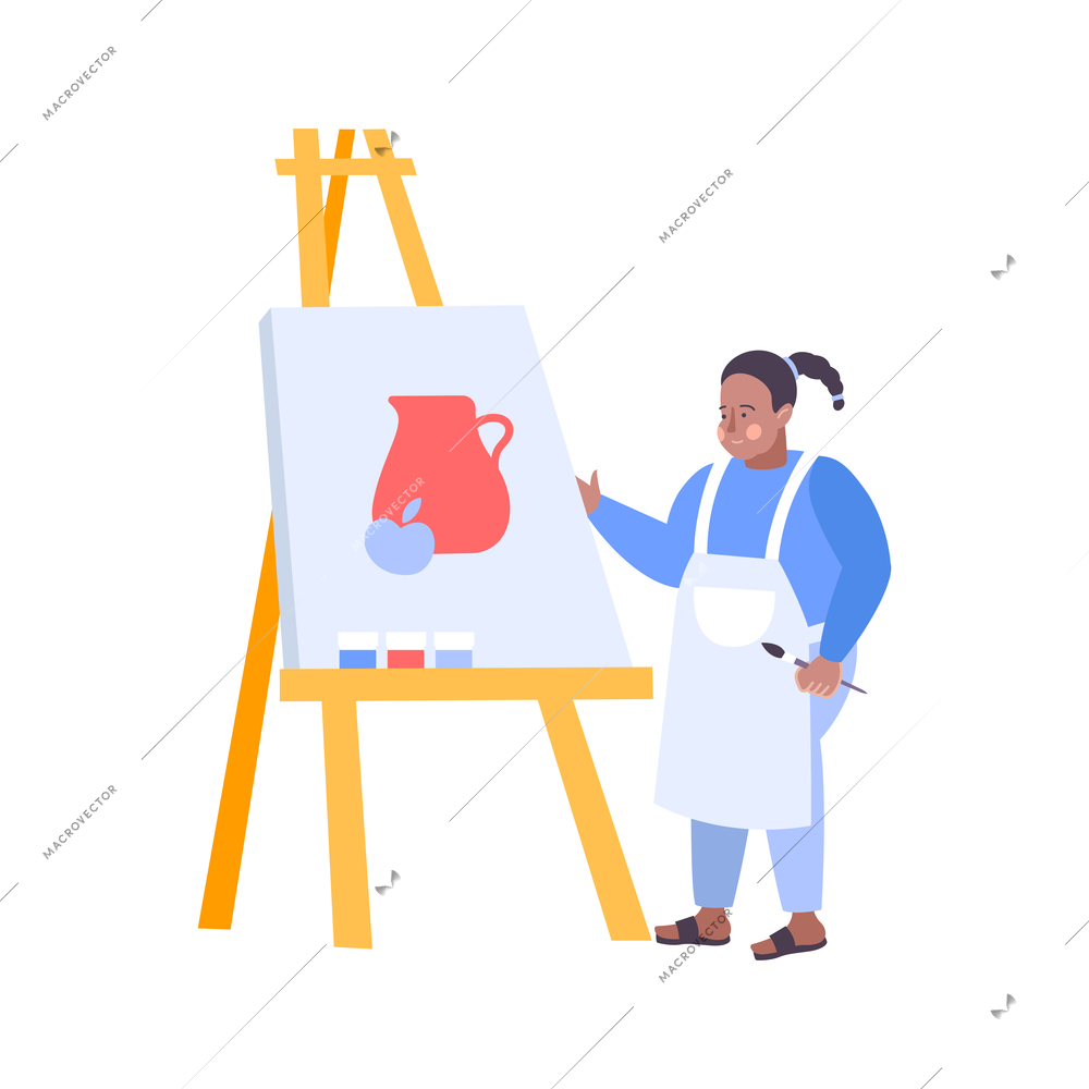 Visual art set flat composition with images of drawing easel with painting and female character of painter vector illustration