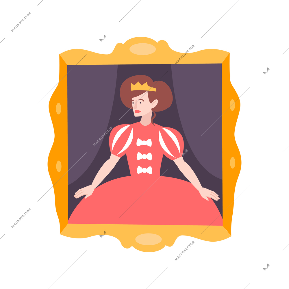 Visual art set flat composition with picture of princess character in golden frame vector illustration