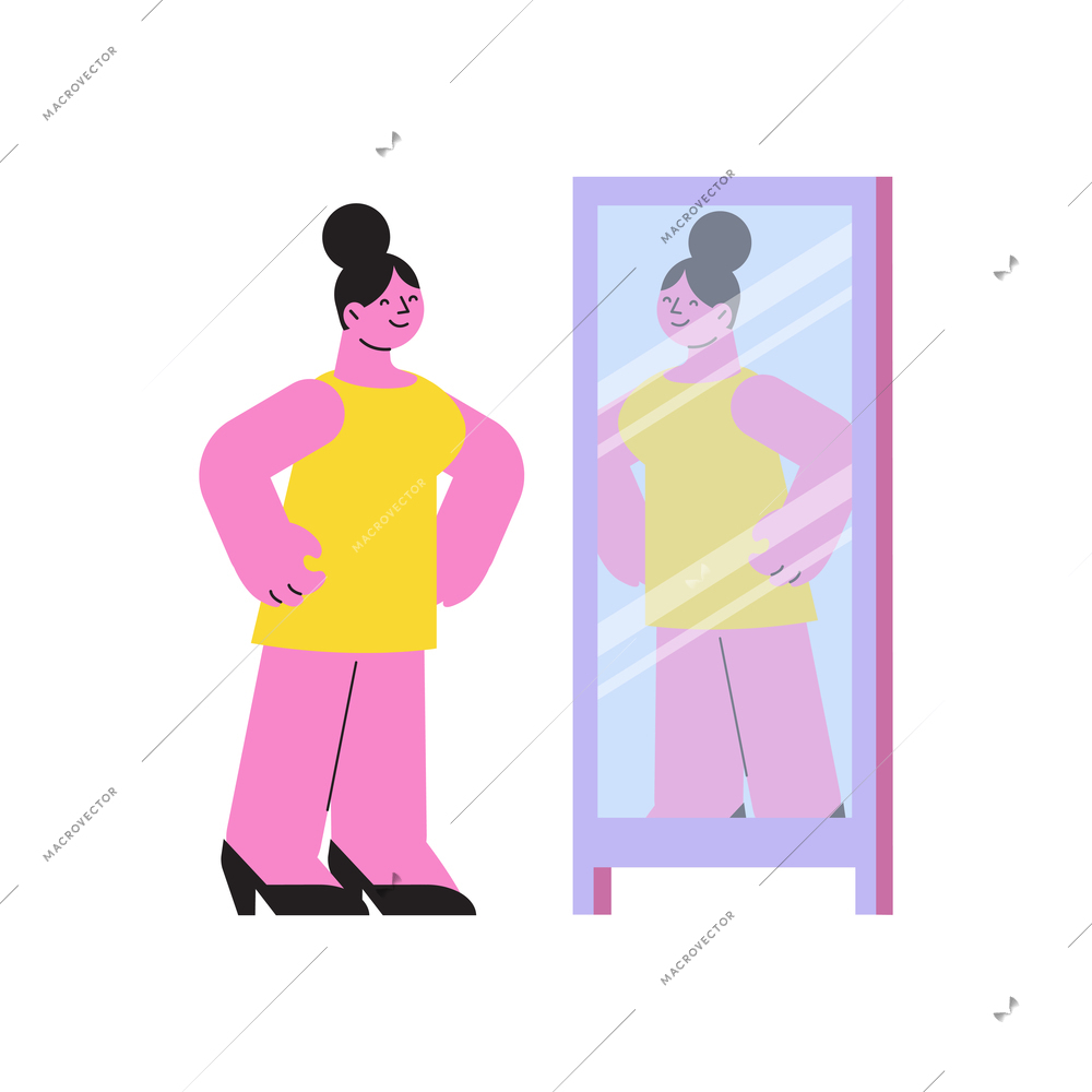 Cloth shop composition with cartoon female character looking in mirror and admiring herself vector illustration