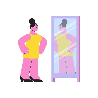 Cloth shop composition with cartoon female character looking in mirror and admiring herself vector illustration