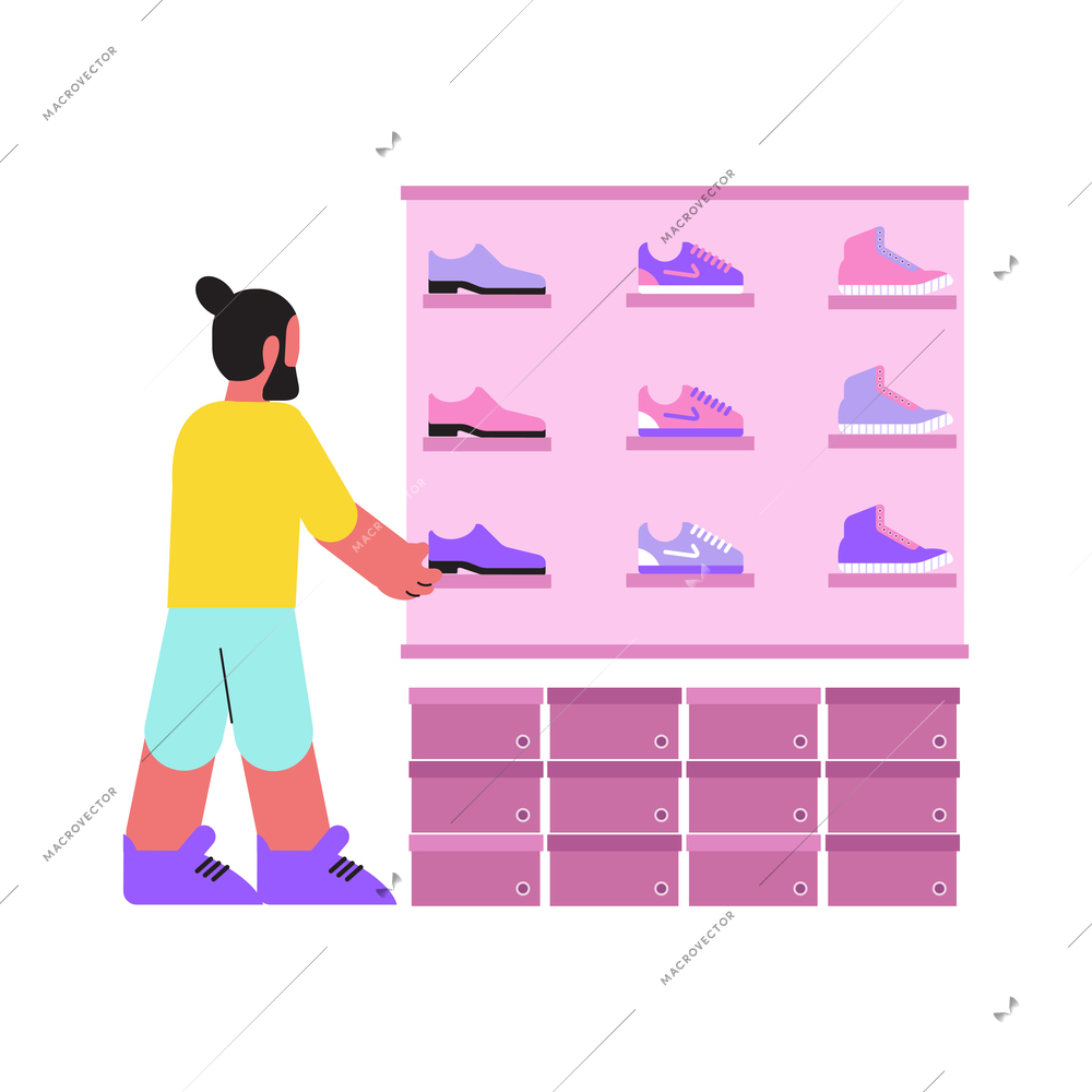 Cloth shop composition with character of young guy choosing sneakers jogging shoes on shop display vector illustration