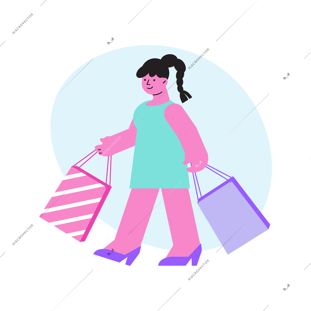 Cloth shop composition with cartoon style character of walking girl with shopping bags vector illustration