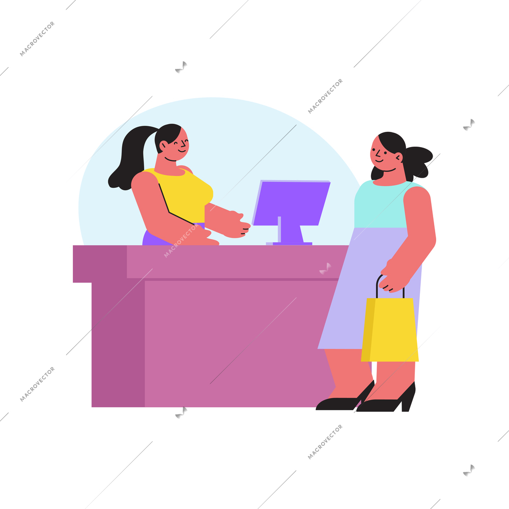 Cloth shop composition with view of fashion store counter with cashier assistant and visitor female characters vector illustration