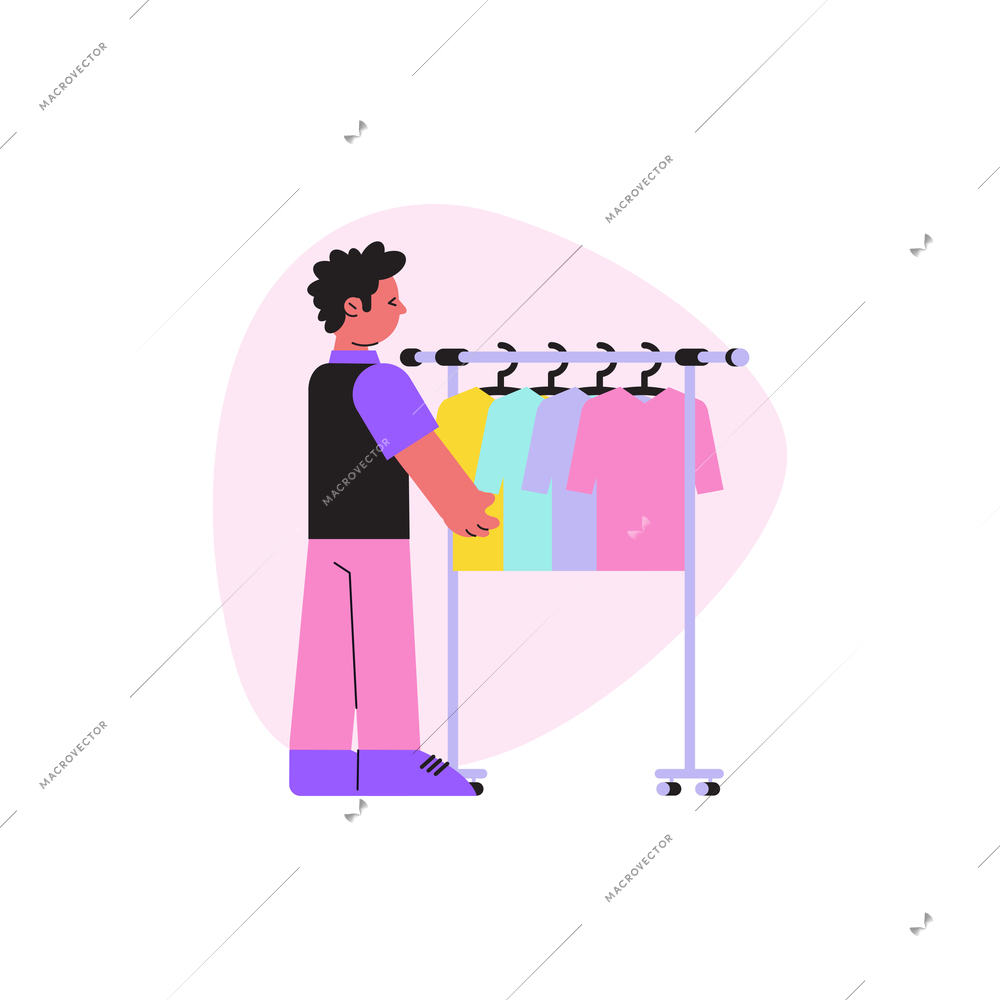 Cloth shop composition with character of guy choosing from colorful t-shirts hanging on rail vector illustration