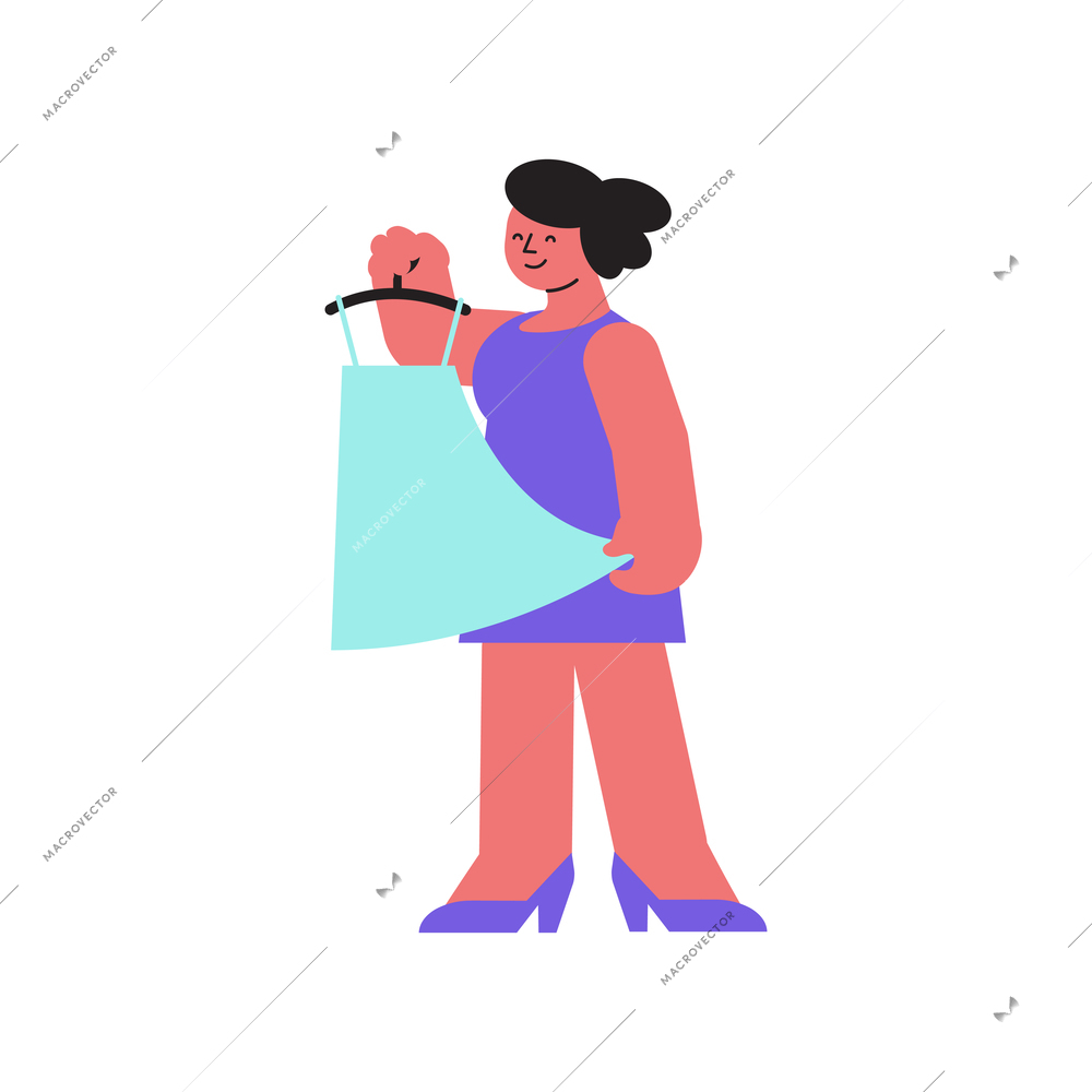 Cloth shop composition with character of happy woman handling new dress on blank background vector illustration