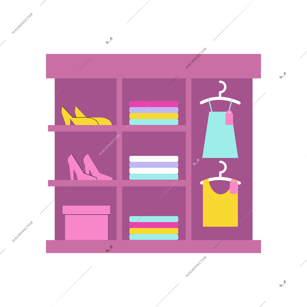Cloth shop composition with isolated image of pink cabinet with shoes and clothes on shelves vector illustration