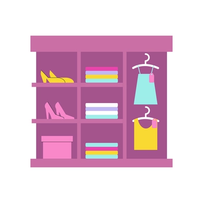 Cloth shop composition with isolated image of pink cabinet with shoes and clothes on shelves vector illustration