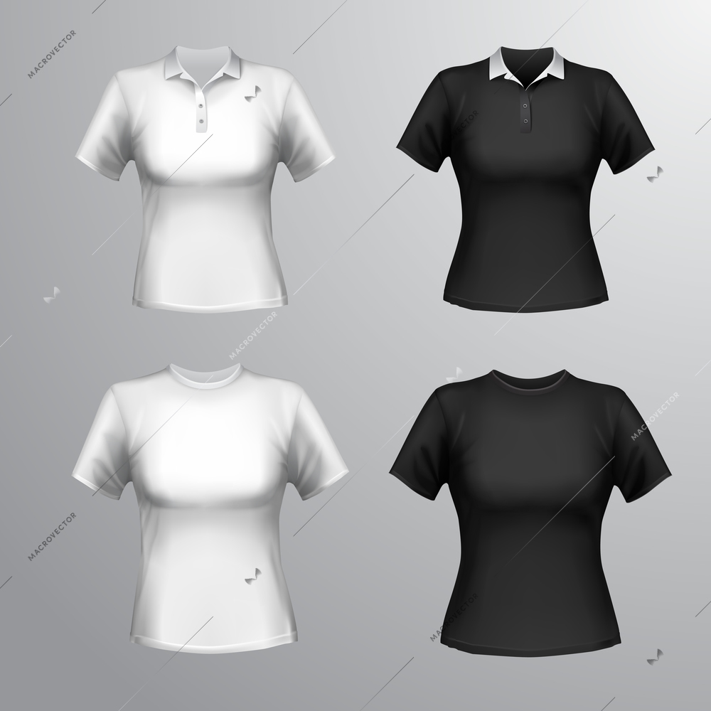 Black and white round neck and polo short sleeve t-shirts female set isolated vector illustration