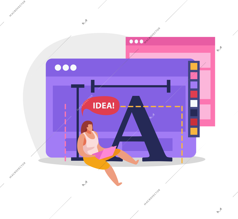 Graphic design flat composition with female character of designer with thought bubble and computer screen windows vector illustration