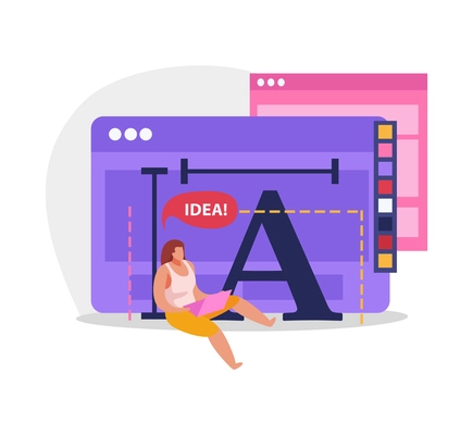 Graphic design flat composition with female character of designer with thought bubble and computer screen windows vector illustration