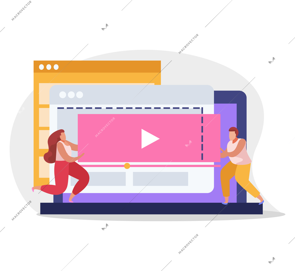 Graphic design flat composition with female and male human characters moving video player window of laptop vector illustration