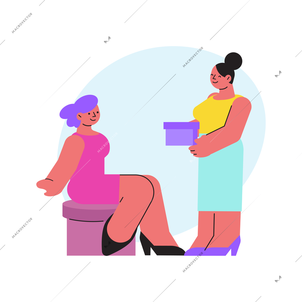 Cloth shop composition with female characters of shoe store client and selling assistant vector illustration