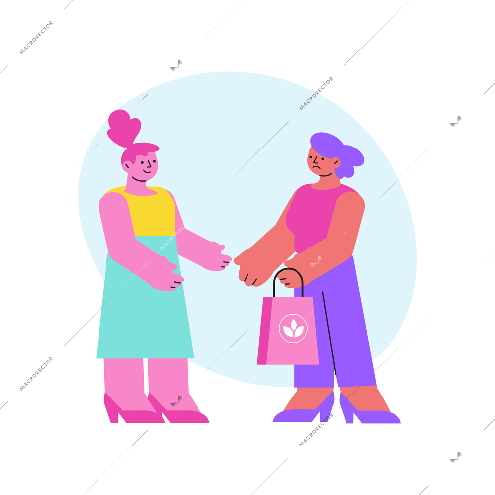 Cloth shop composition with two cartoon characters of girls with eco friendly shopping bag vector illustration