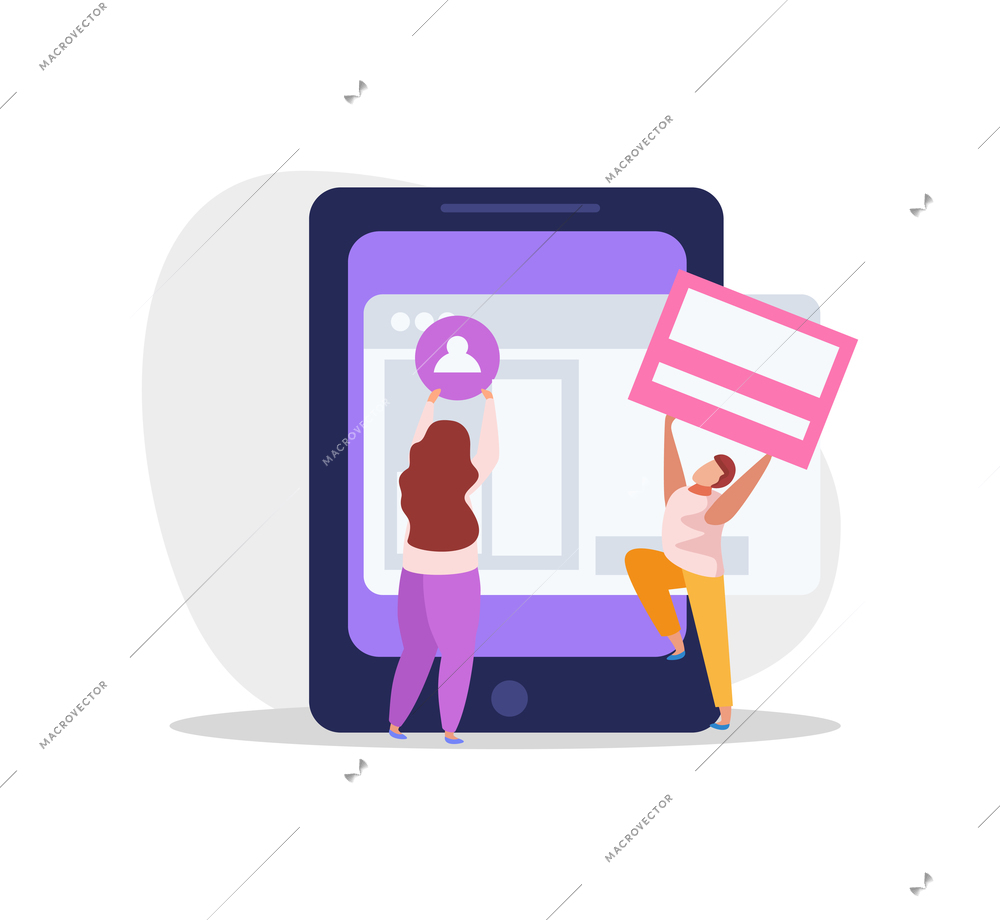 Graphic design flat composition with icons of user picture and profile sections with smartphone and people vector illustration