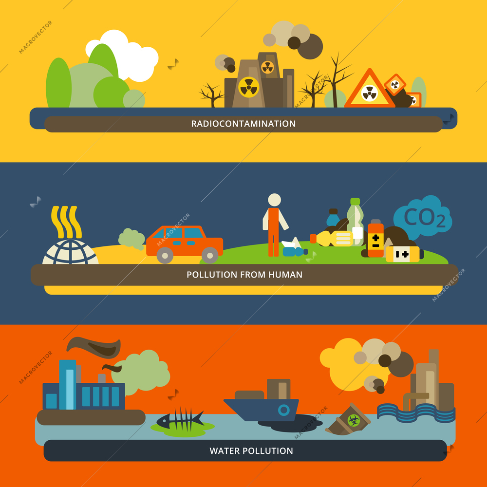 Human activities radioactive hazardous water and air pollution icons horizontal flat banners set composition isolated vector illustration