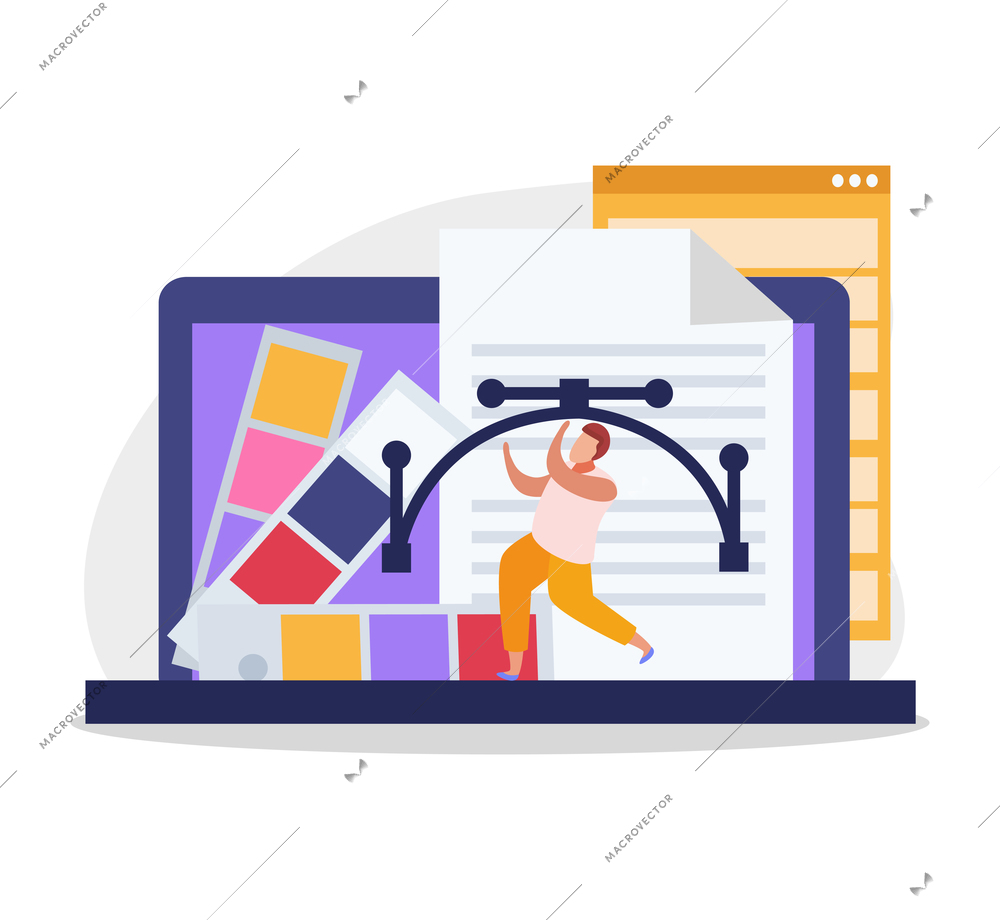 Graphic design flat composition with color palette sticks and document icons with laptop computer and running man vector illustration