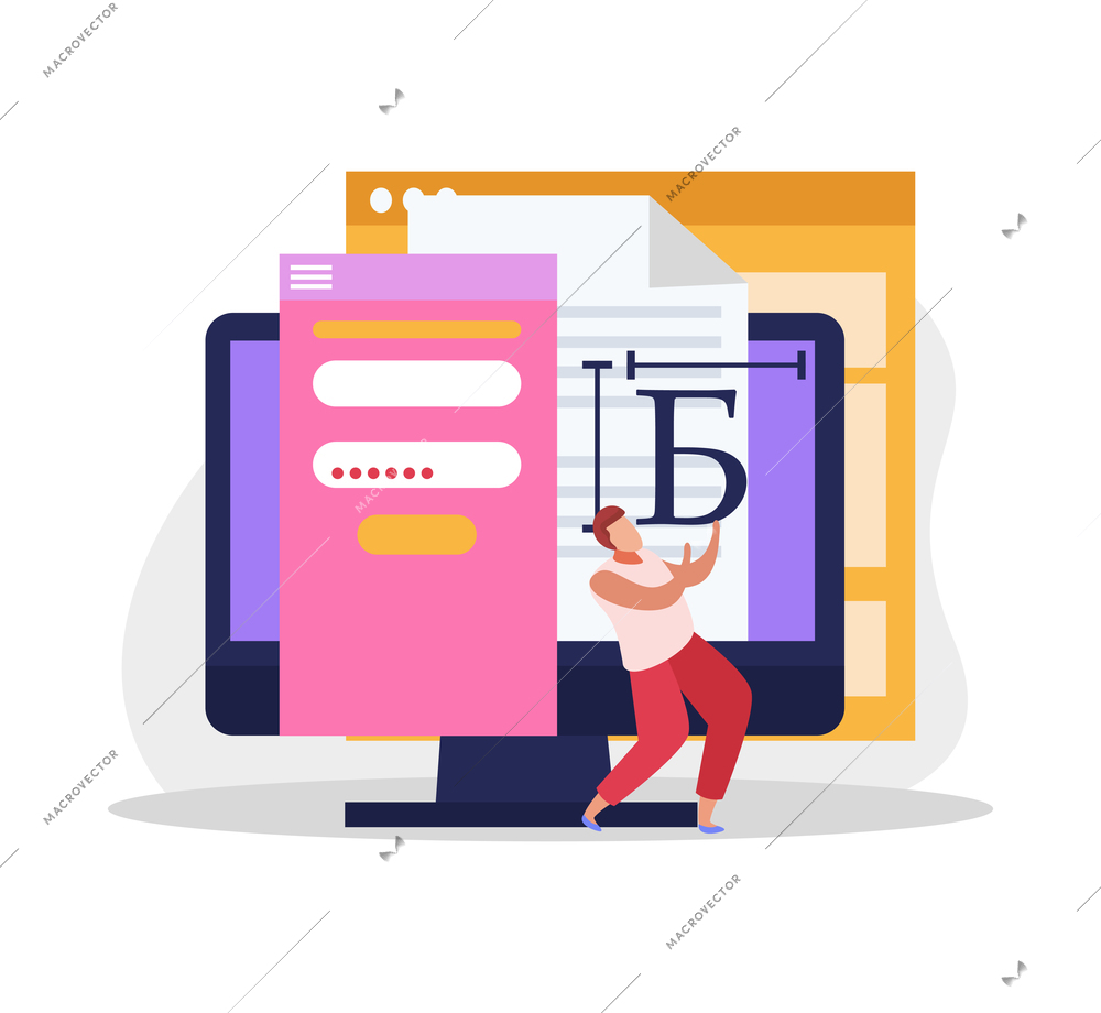 Graphic design flat composition with desktop computer windows and human character handling letter vector illustration