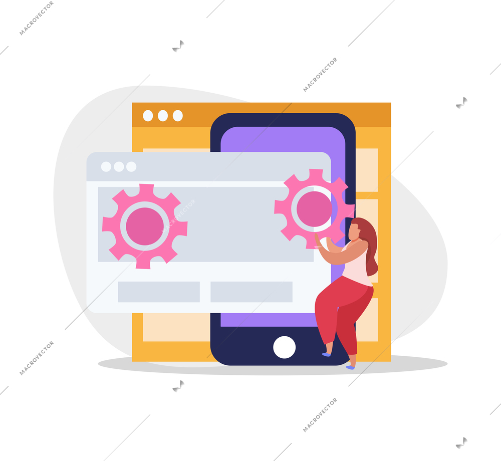 Graphic design flat composition with smartphone and female character adjusting gear icons on computer screens vector illustration