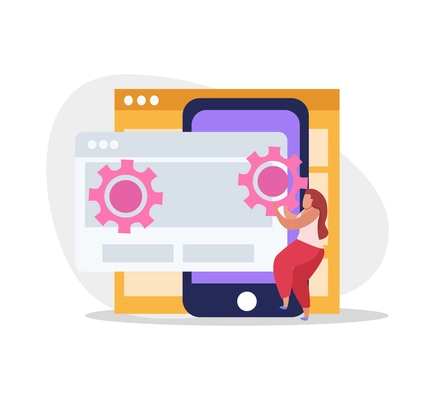 Graphic design flat composition with smartphone and female character adjusting gear icons on computer screens vector illustration