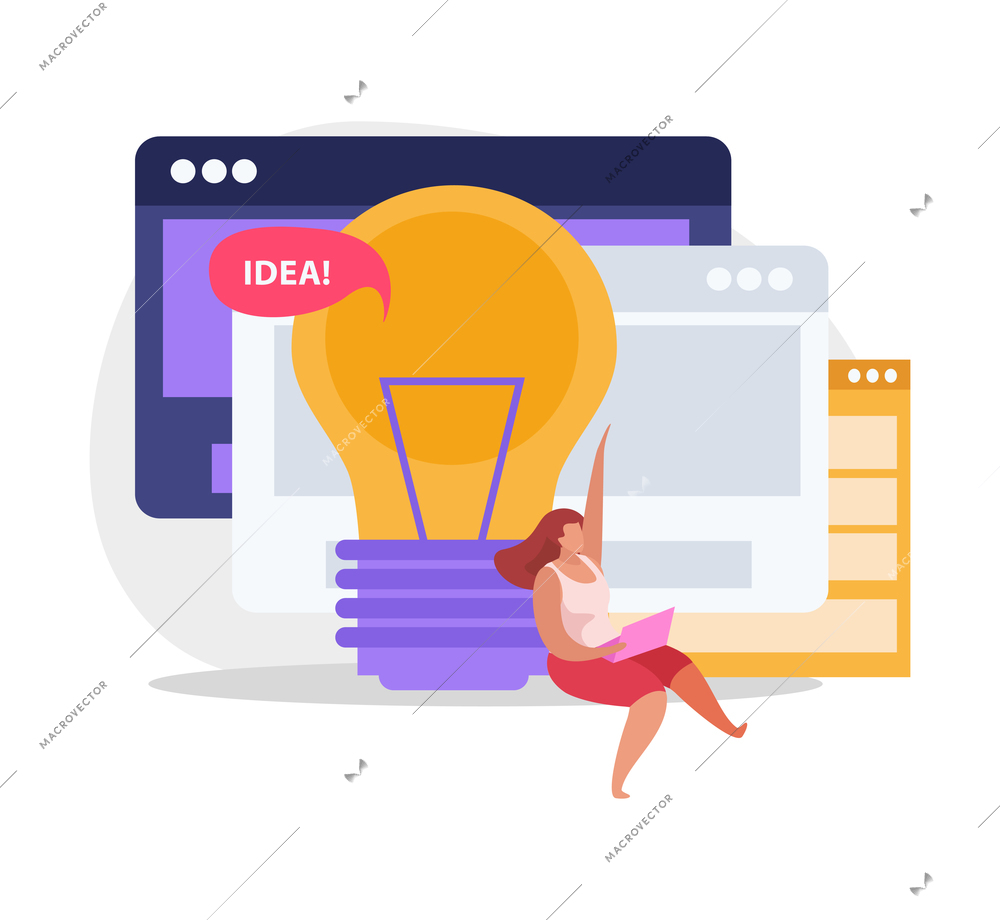 Graphic design flat composition with conceptual lamp icon computer windows and female character with laptop vector illustration