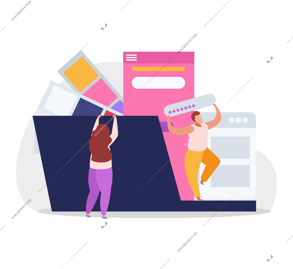 Graphic design flat composition with human characters handling elements of operating system interface vector illustration