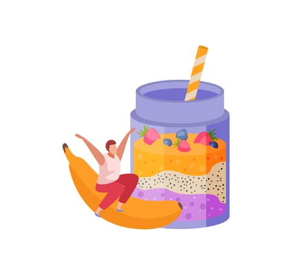 People with breakfast flat composition with yoghurt jar and human character riding banana vector illustration