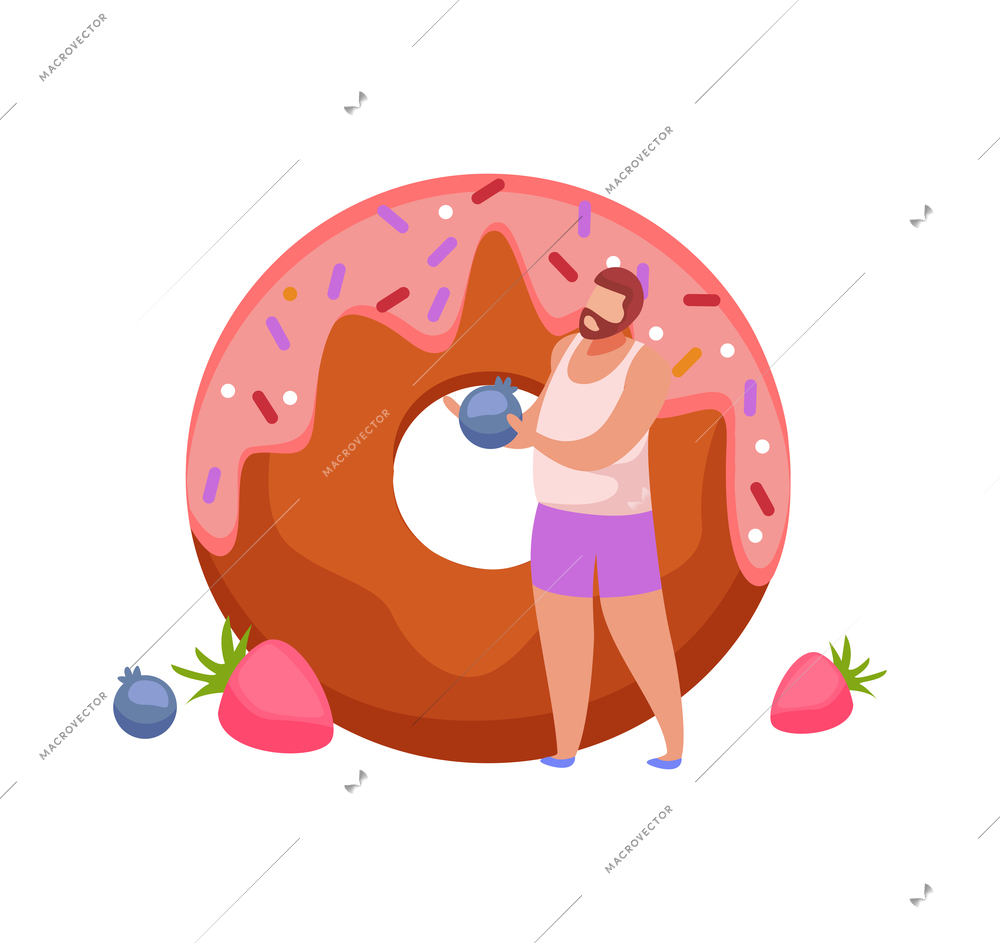 People with breakfast flat composition with small character of barbed man with berries and donut icons vector illustration