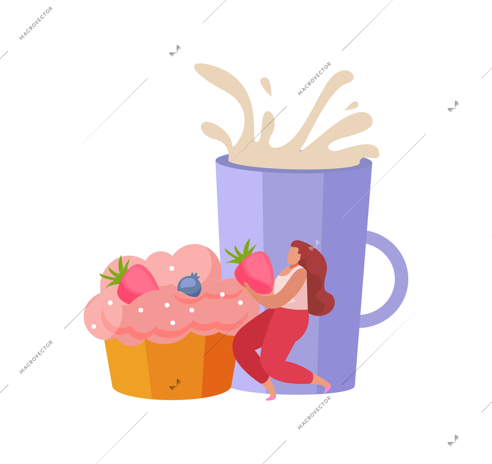 People with breakfast flat composition with female character holding berries with cake and cup of milk vector illustration