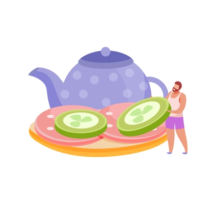 People with breakfast flat composition with man making open face sandwich with teapot icon vector illustration