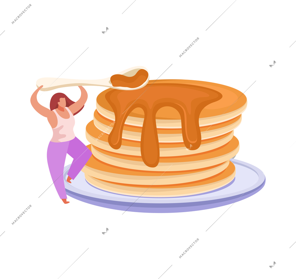 People with breakfast flat composition with woman spreading honey on stack of pancakes vector illustration