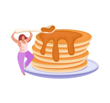 People with breakfast flat composition with woman spreading honey on stack of pancakes vector illustration