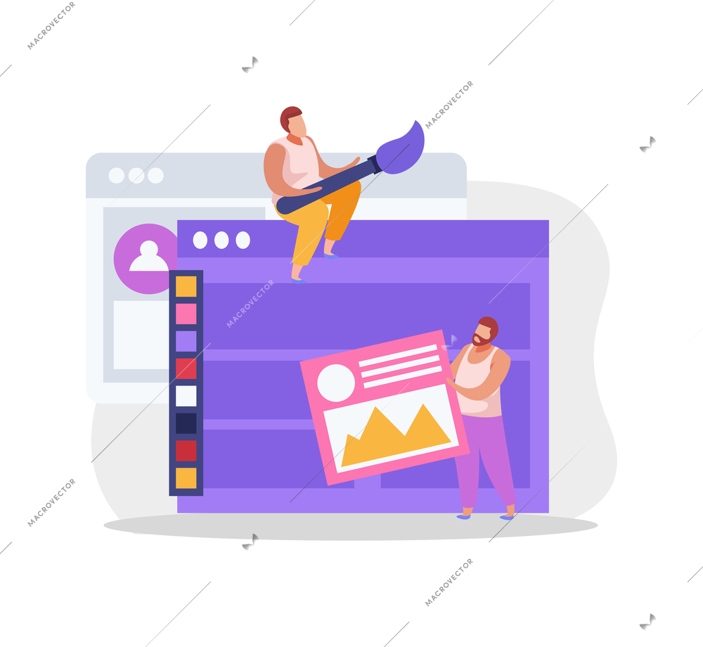 Graphic design flat composition with male characters of designers with brush icons and computer windows vector illustration